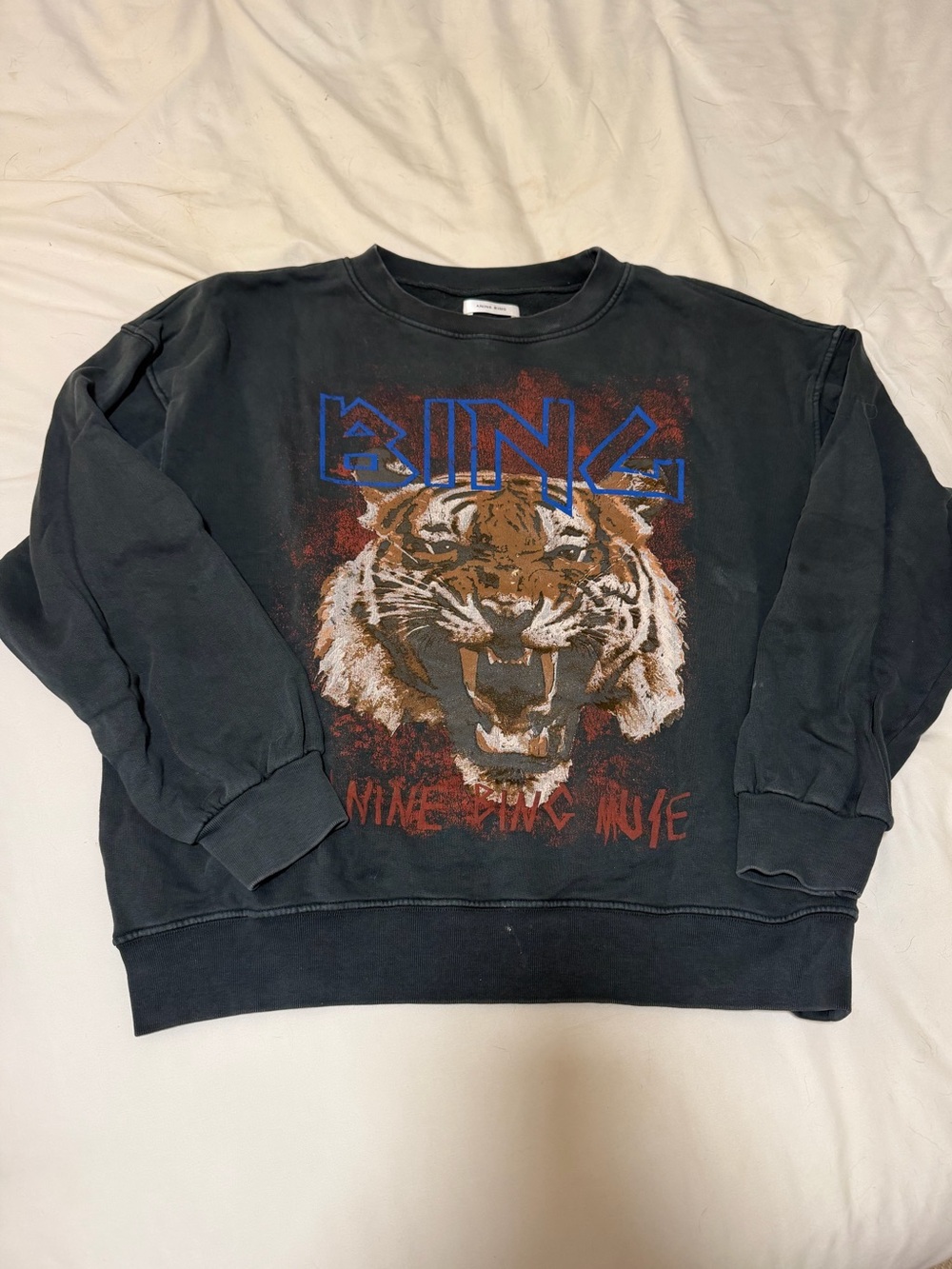 Anine Bing Black Crewneck Sweatshirt with Tiger Graphic and Blue Logo